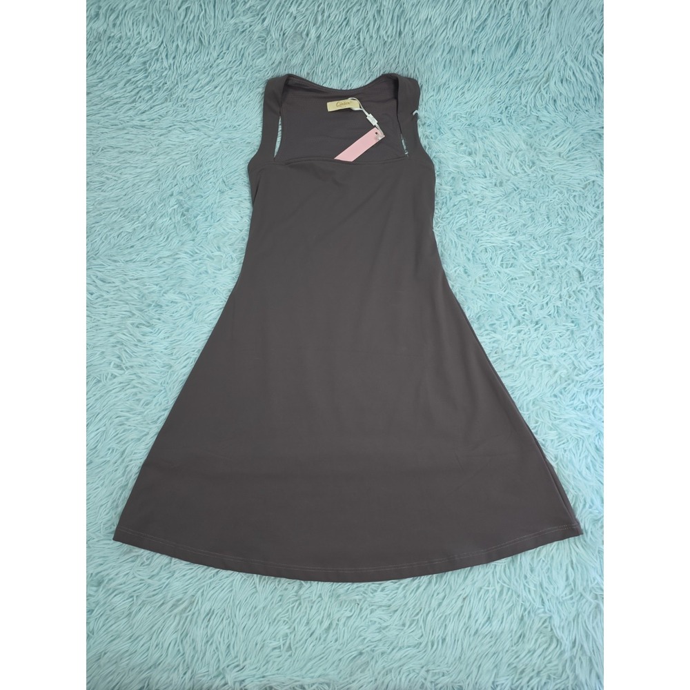 QINSEN Gray Athletic Tennis Dress Sleeveless Square Neck Stretch A-Line Flare S